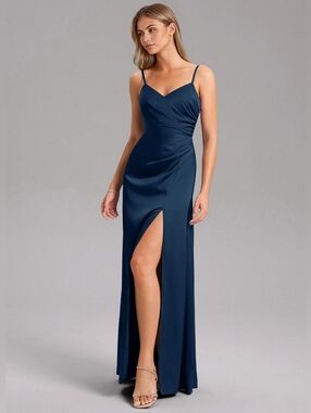 Azazie Azuree dark naNavy Satin Spaghetti-Strap Evening Gown A16 New With Tags